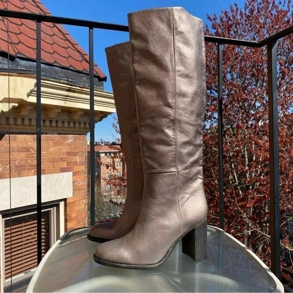 New Free People Grayson Tall Knee High Boots Leather Heeled Pewter Metallic - Picture 6 of 12